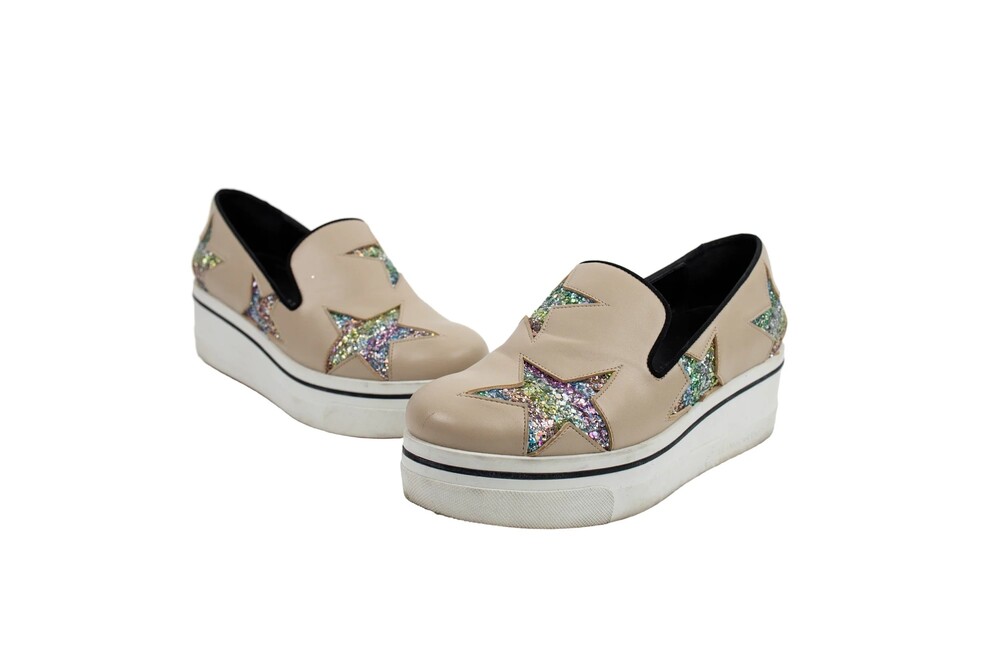 Stella McCartney Beige Faux Leather Multicolor Star Slip On Loafers Size 38